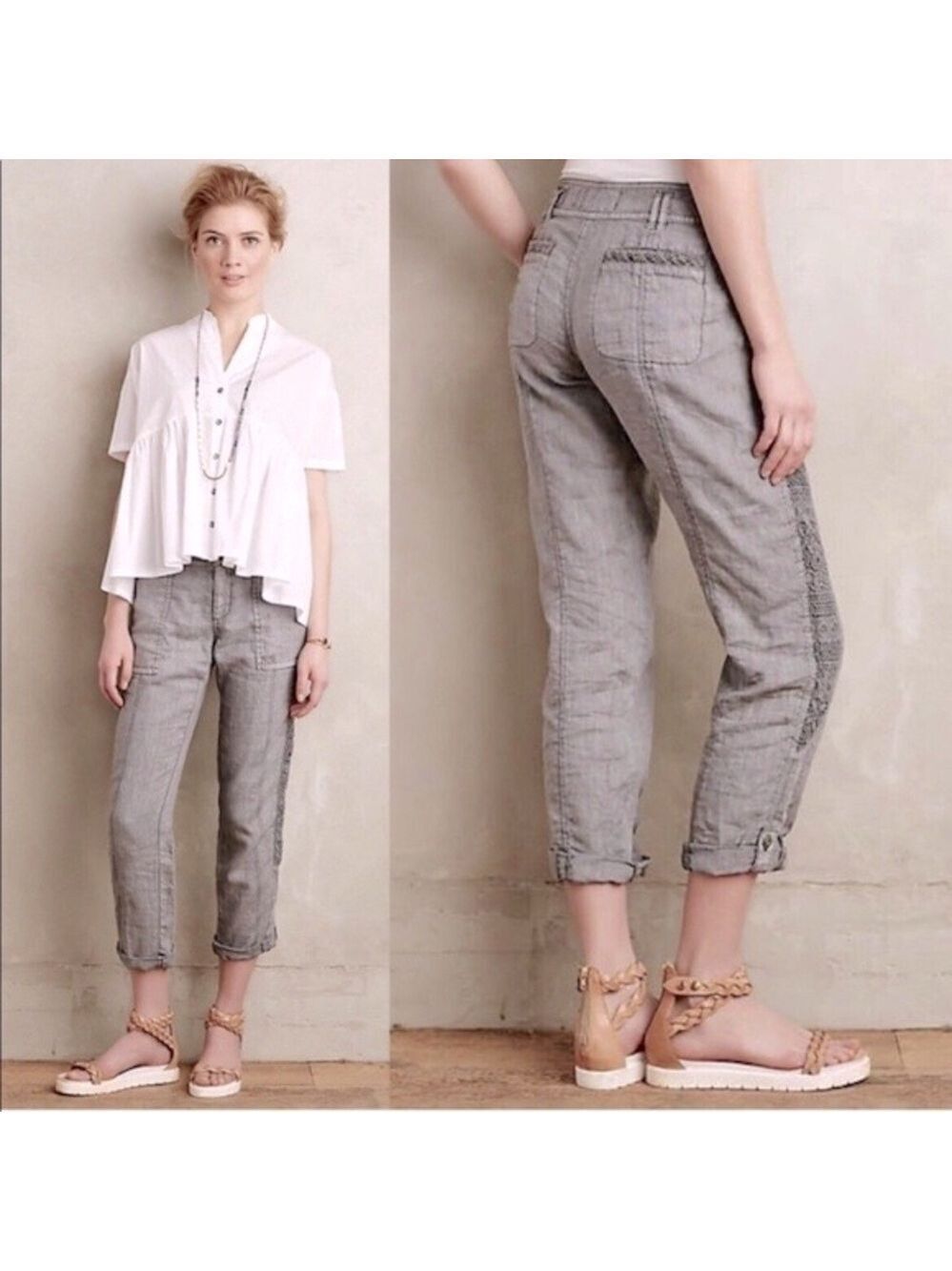 ANTHROPOLOGIE Hei Hei Marlena Gray Linen Embroidered Detail Roll Cuff Pants 28